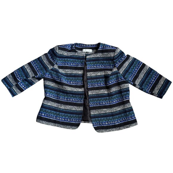 Tahari Womens Open Front Jacket 16W‎ Blue Geometric Pattern Tapestry Work Career - Picture 3 of 7